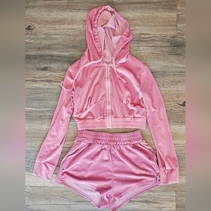 Pink crop velour hoodie & short set